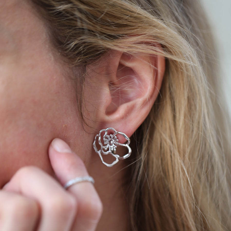 Mini Silver Anemone Flower Earring